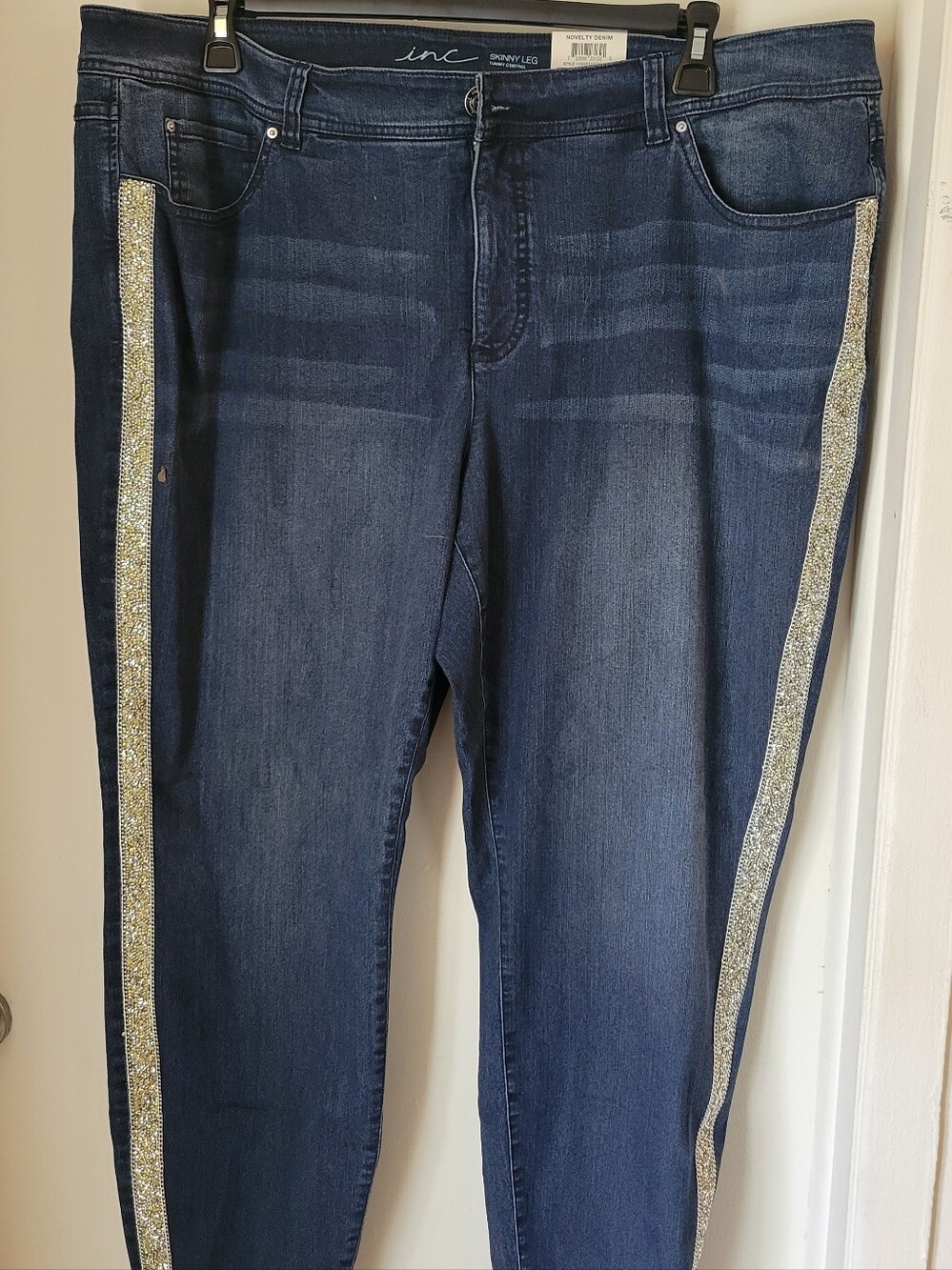INC International Concepts Dark Blue Skinny Jeans with Gold Glitter Side Stripes